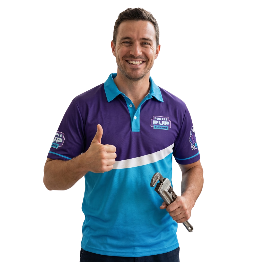 Smiling Purple Pup plumber giving a thumbs up