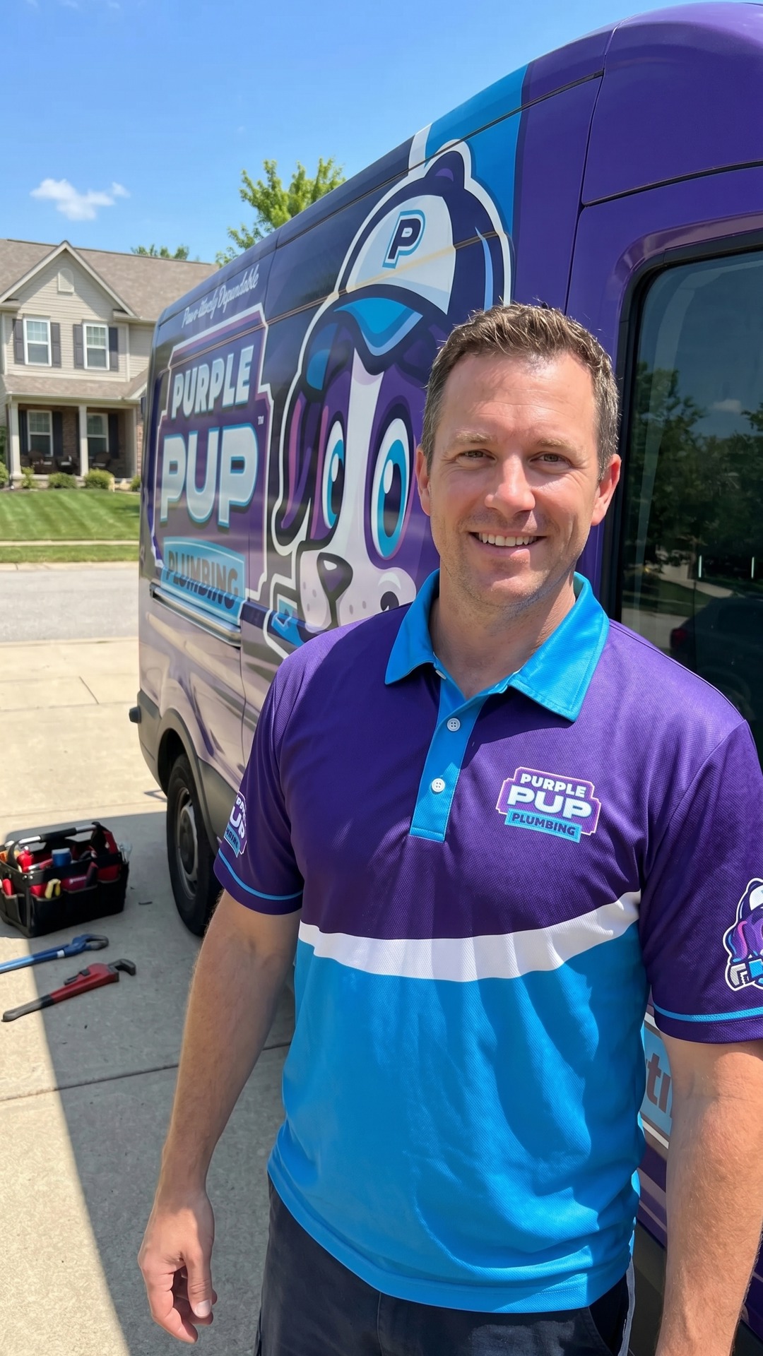 Smiling Purple Pup plumber in branded polo standing in front of a wrapped Purple Pup service van